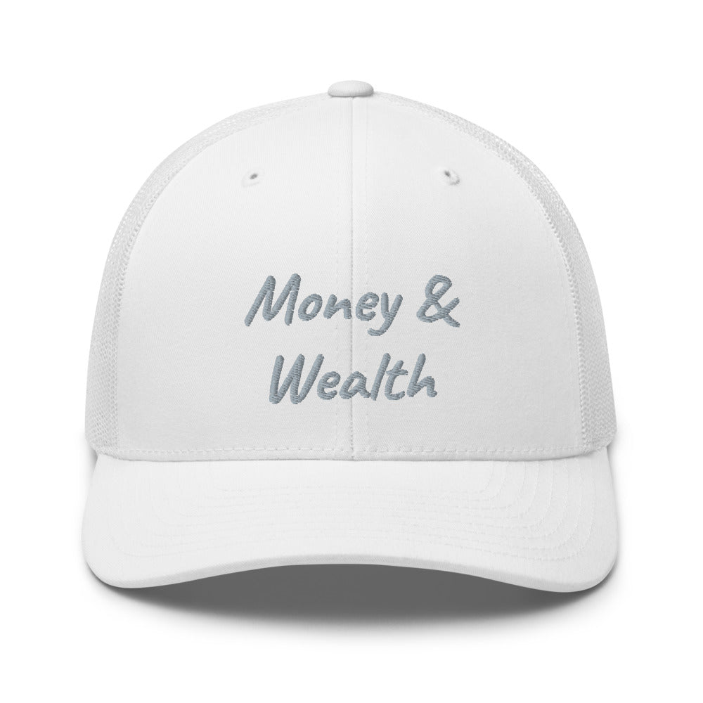 Money & Wealth In Silver Embroidery on Retro Trucker Hat