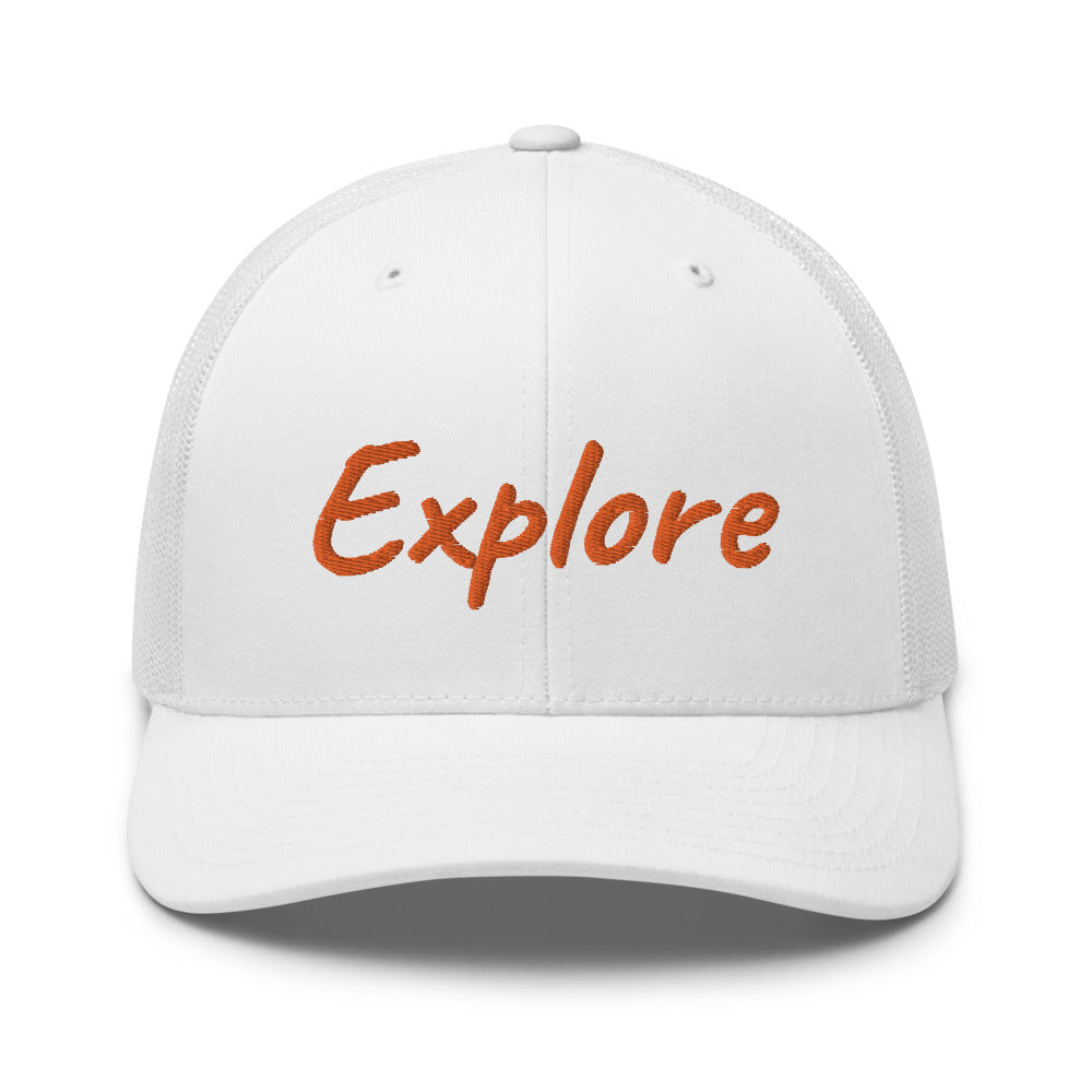 Explore In Amber Embroidery on Retro Trucker Hat