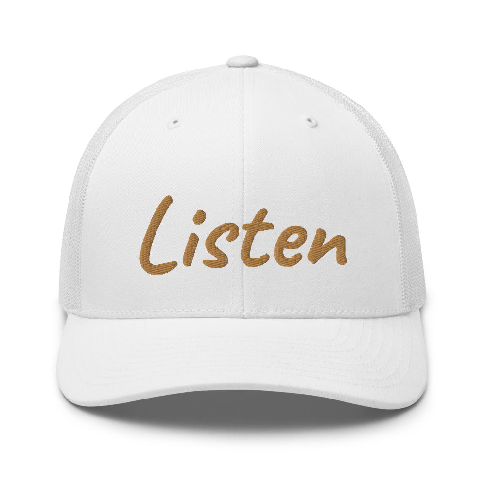 Listen In Copper Embroidery on Retro Trucker Hat