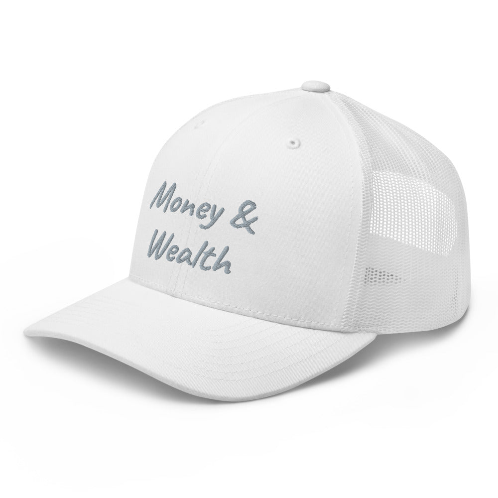 Money & Wealth In Silver Embroidery on Retro Trucker Hat