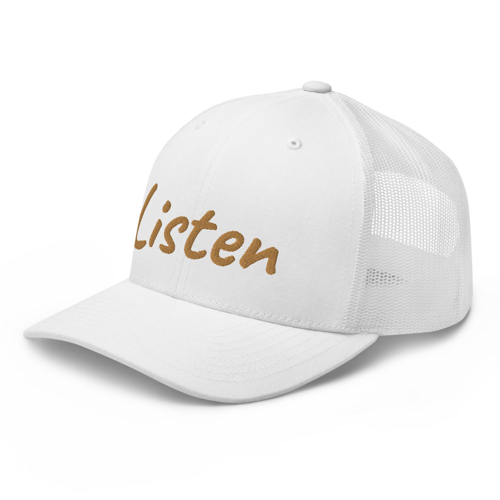 Listen In Copper Embroidery on Retro Trucker Hat