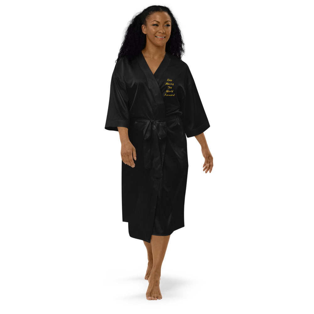 Keep Moving The World Forward In Gold Embroidery on Satin Robe