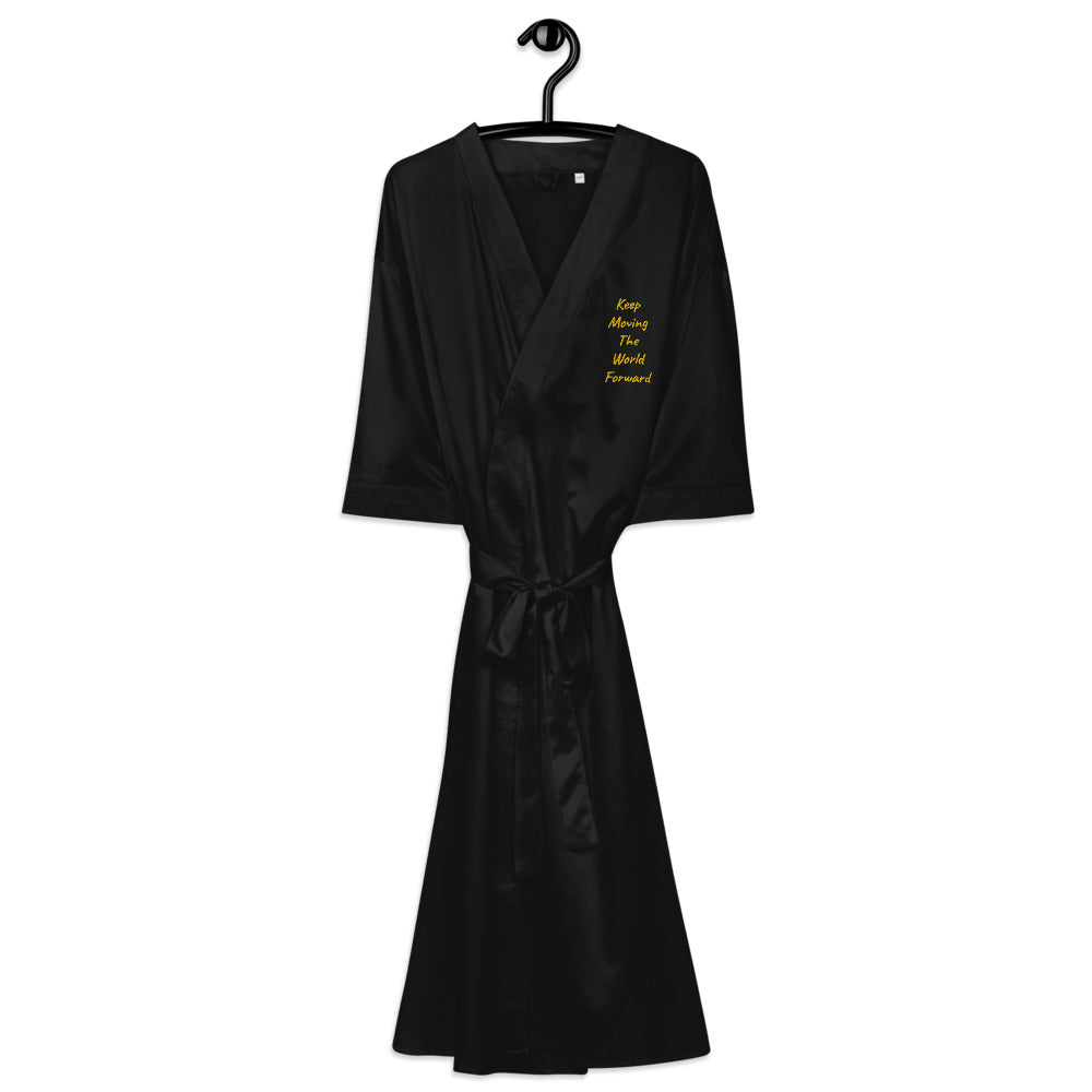 Keep Moving The World Forward In Gold Embroidery on Satin Robe