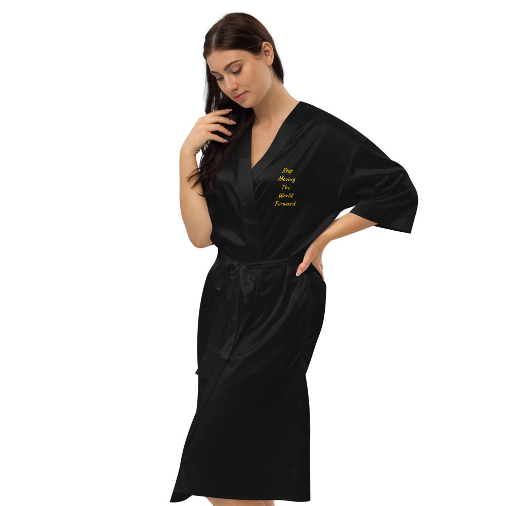 Keep Moving The World Forward In Gold Embroidery on Satin Robe