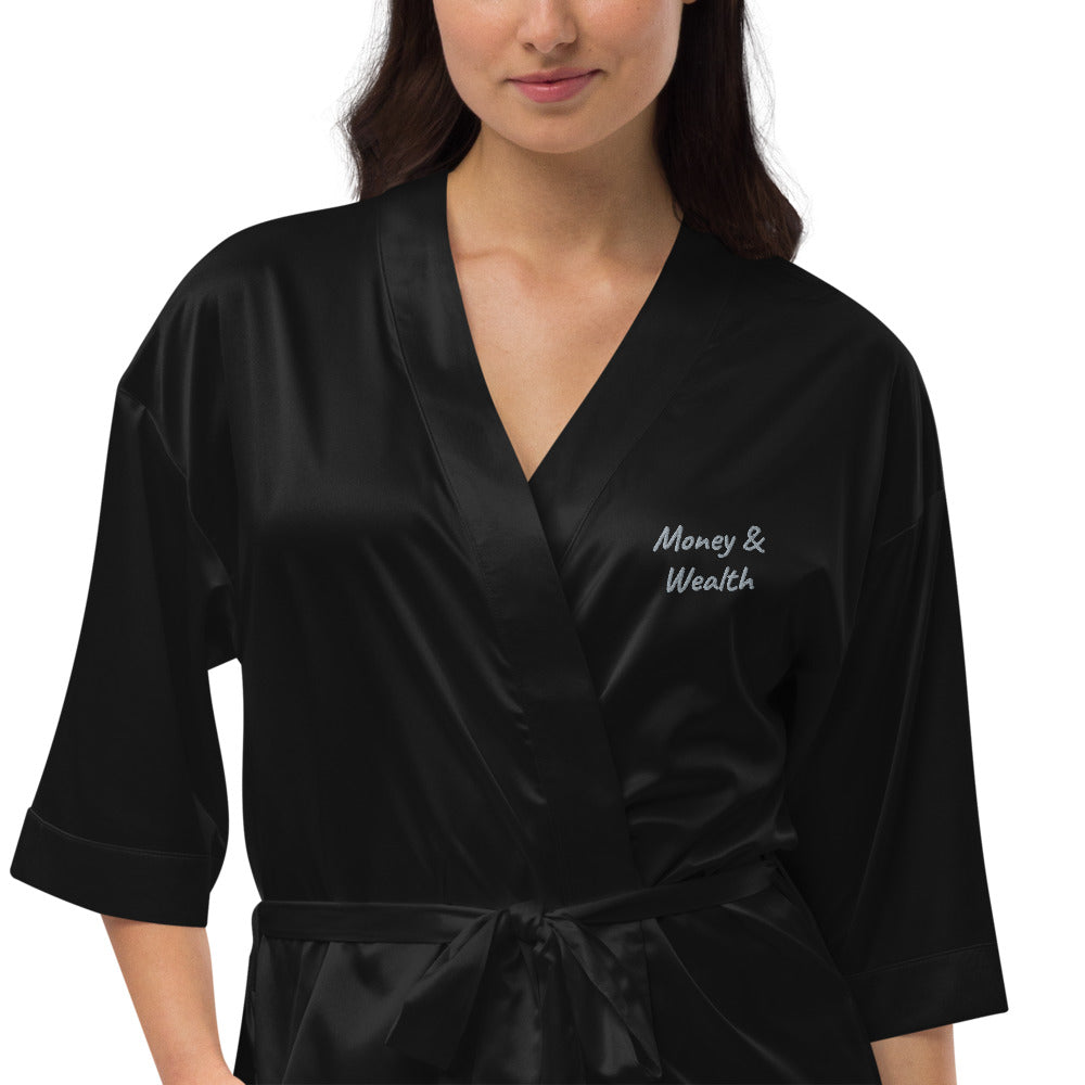 Money & Wealth In Silver Embroidery on Satin Robe