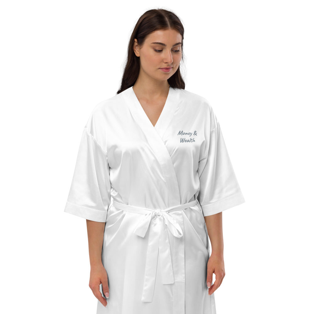 Money & Wealth In Silver Embroidery on Satin Robe