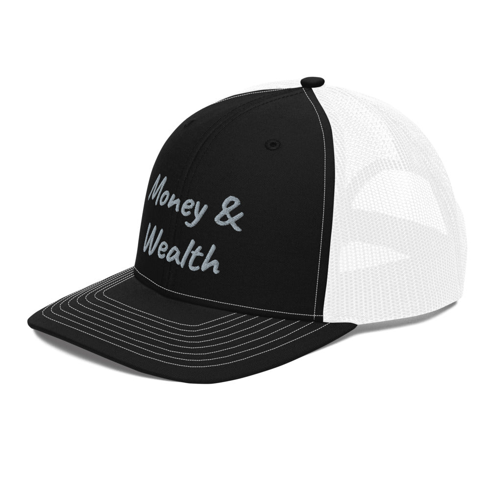 Money & Wealth In Silver Embroidery on Snapback Trucker Hat