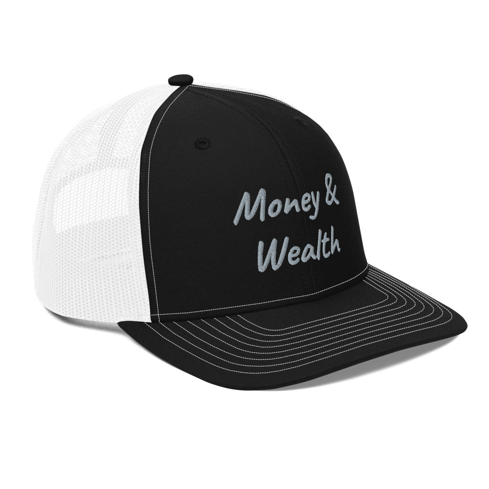 Money & Wealth In Silver Embroidery on Snapback Trucker Hat