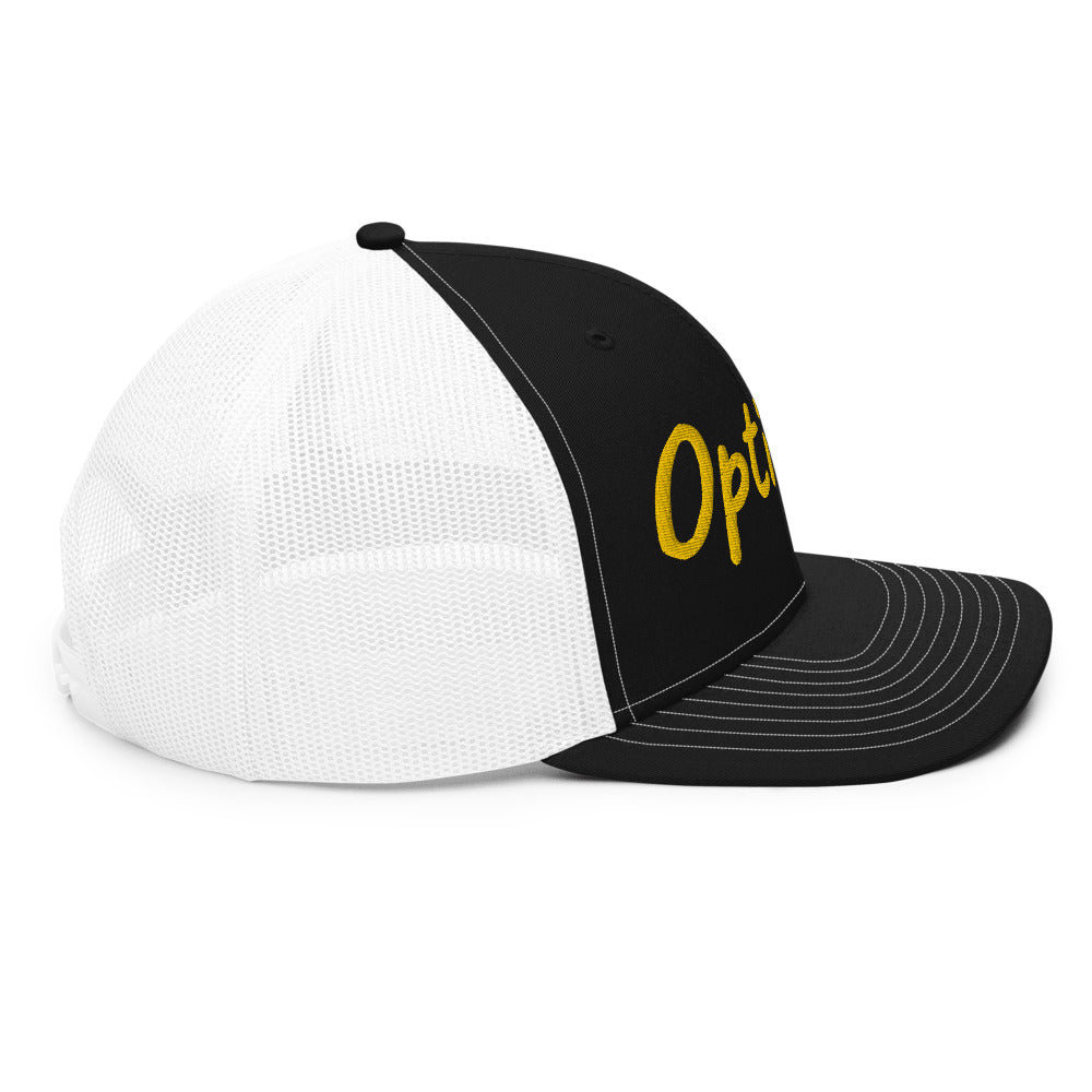 Optimist In Gold Embroidery on Snapback Trucker Hat