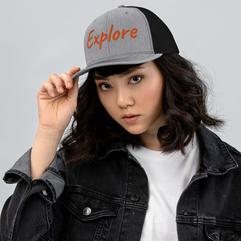 Explore In Amber Embroidery on Snapback Trucker Hat