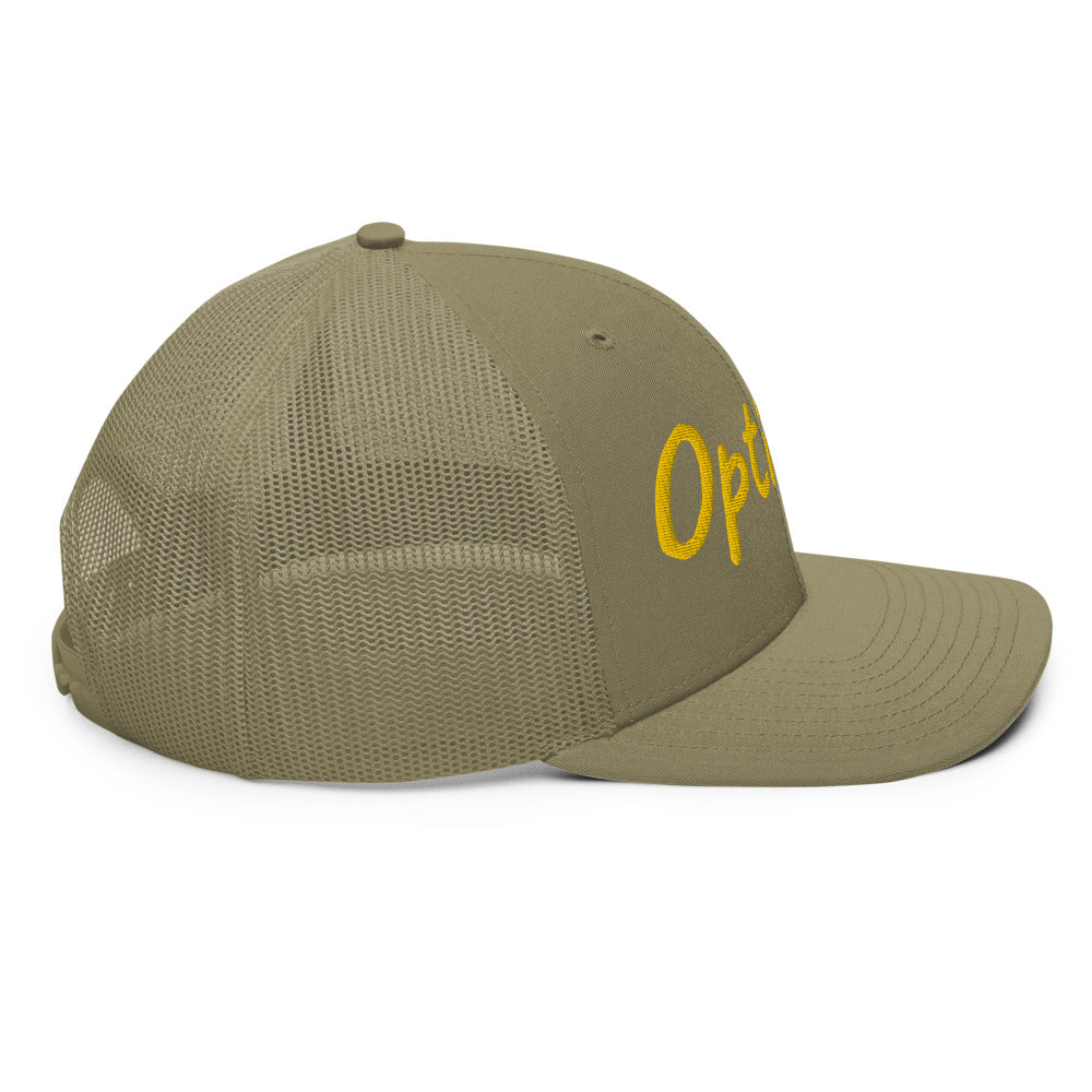 Optimist In Gold Embroidery on Snapback Trucker Hat