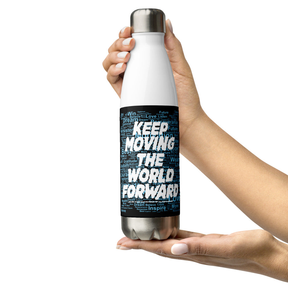 Word Clouds To Keep Moving The World Forward Through Black And Blue on Stainless Steel Water Bottle