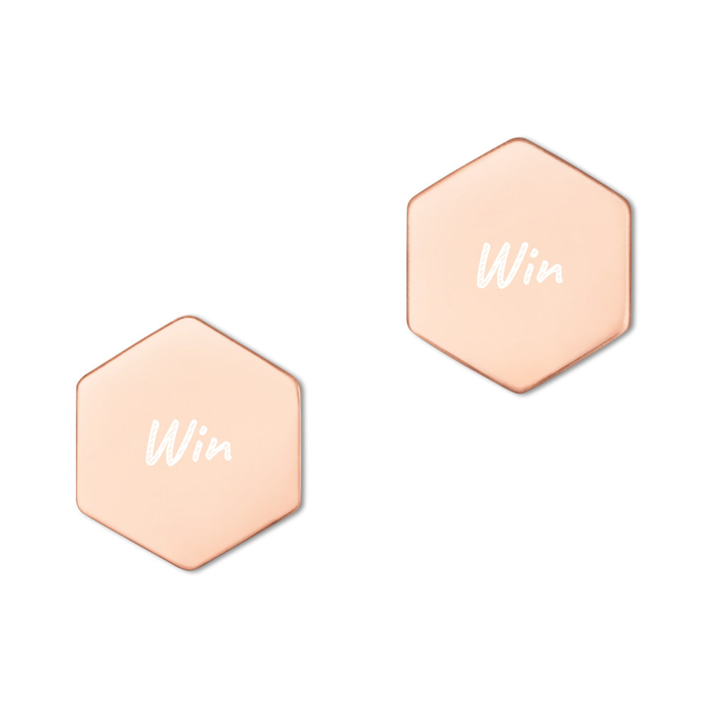 Win on Engraved Sterling Silver Hexagon Stud Earrings