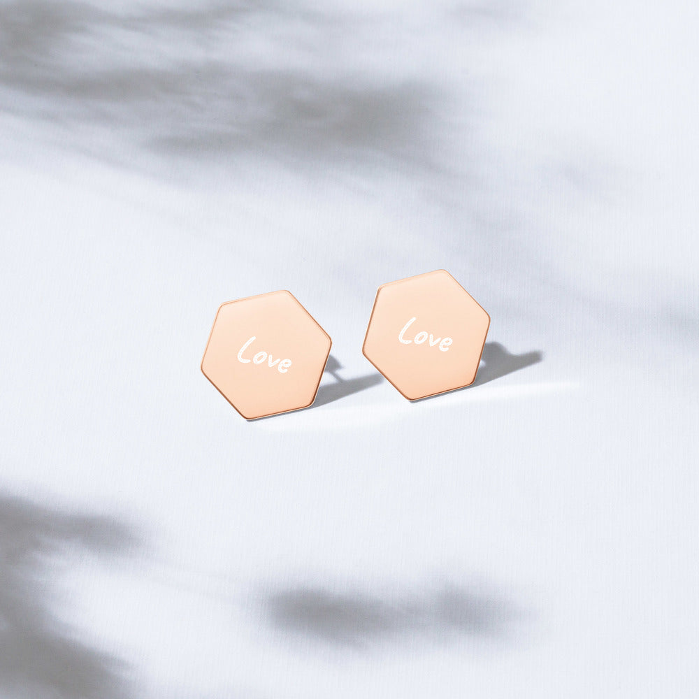 Love on Engraved Sterling Silver Hexagon Stud Earrings