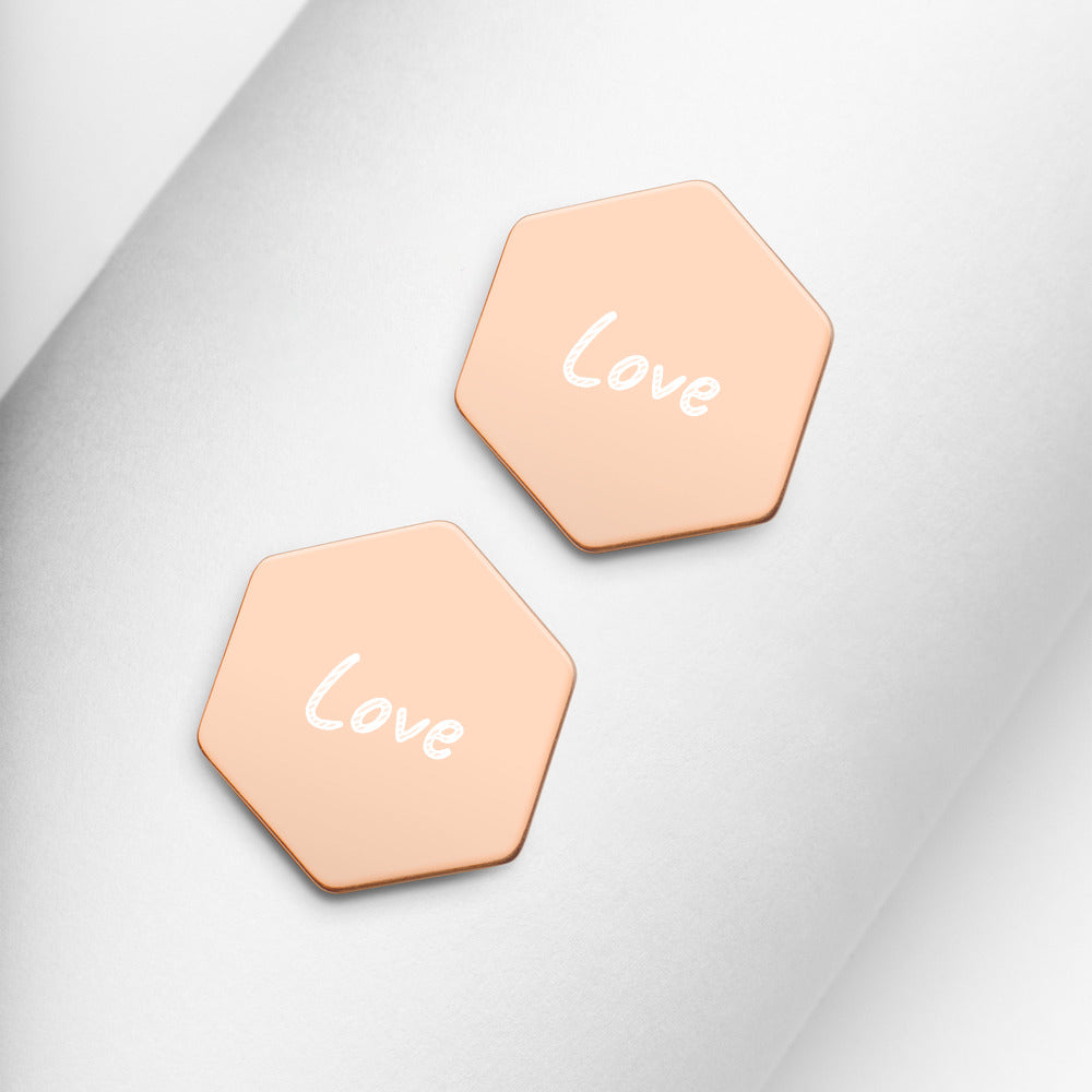 Love on Engraved Sterling Silver Hexagon Stud Earrings