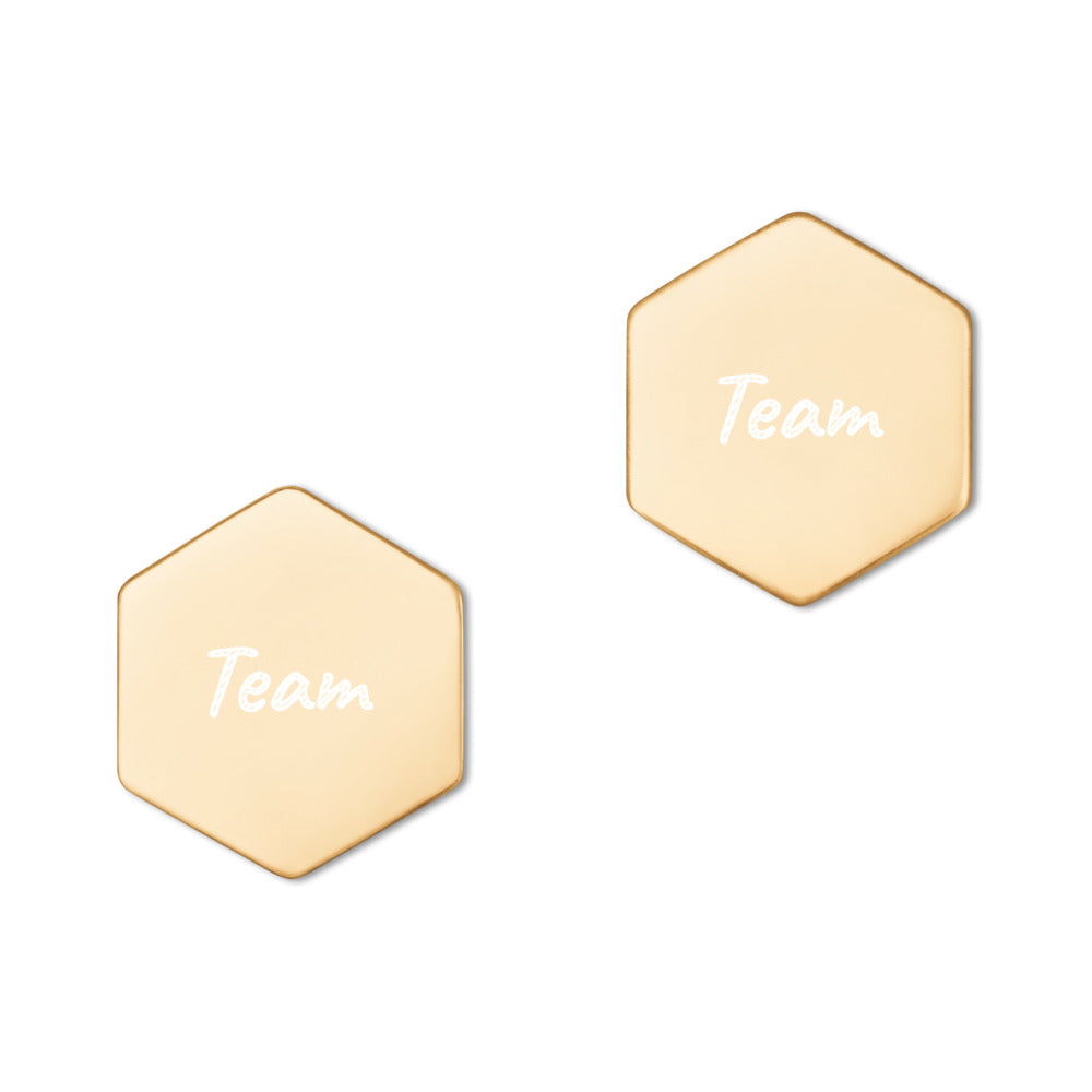 Team on Engraved Sterling Silver Hexagon Stud Earrings