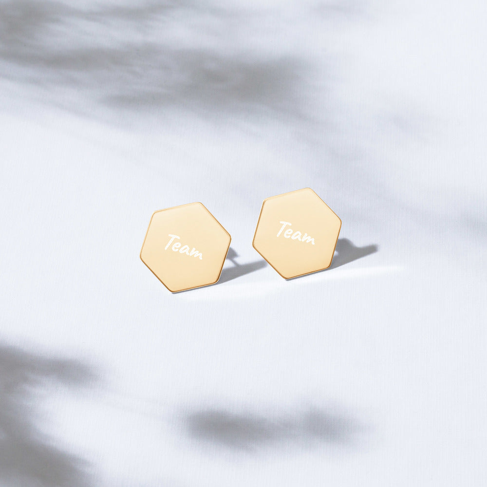 Team on Engraved Sterling Silver Hexagon Stud Earrings