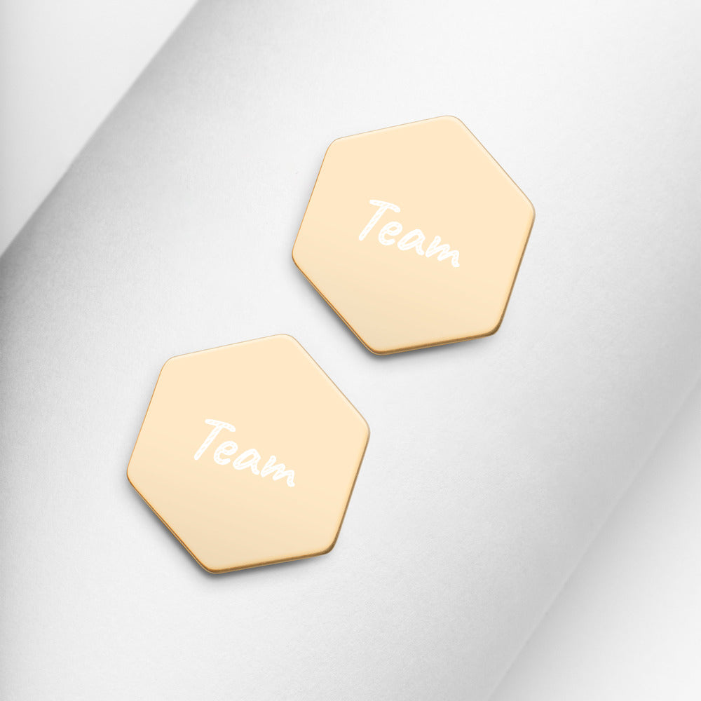 Team on Engraved Sterling Silver Hexagon Stud Earrings