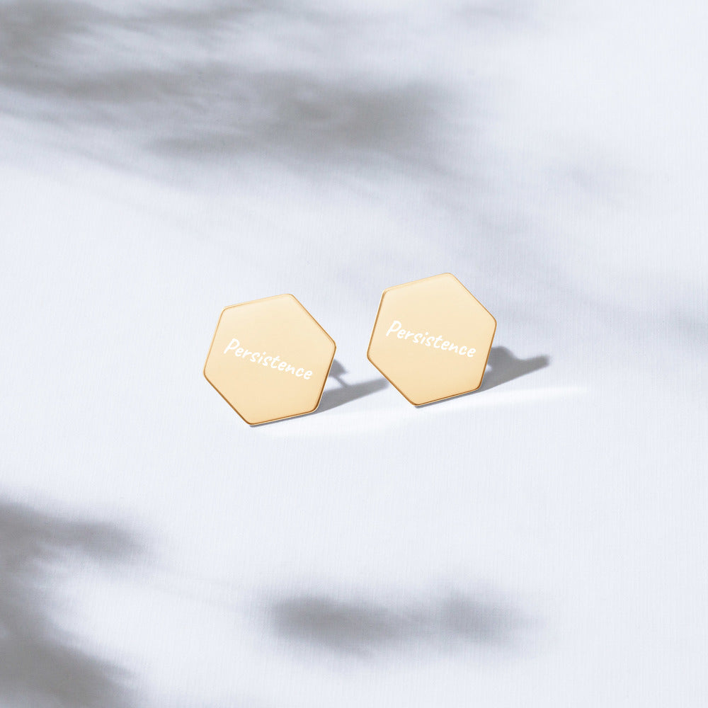 Persistence on Engraved Sterling Silver Hexagon Stud Earrings