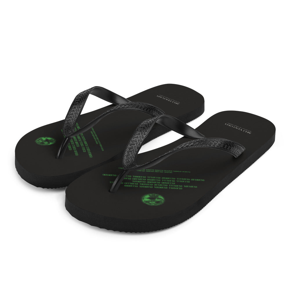 Binary Instructions To Keep Moving The World Forward With Vitruvian Earth In Green on Flip Flops