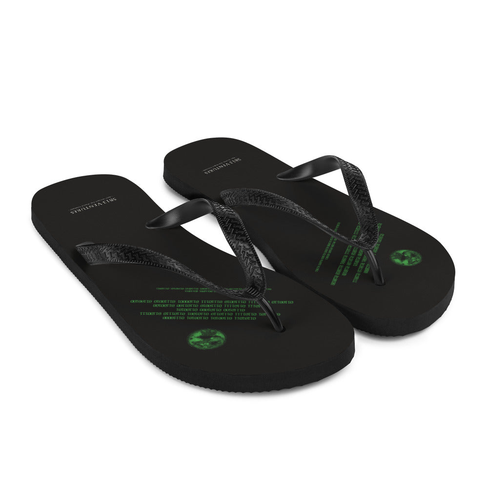 Binary Instructions To Keep Moving The World Forward With Vitruvian Earth In Green on Flip Flops