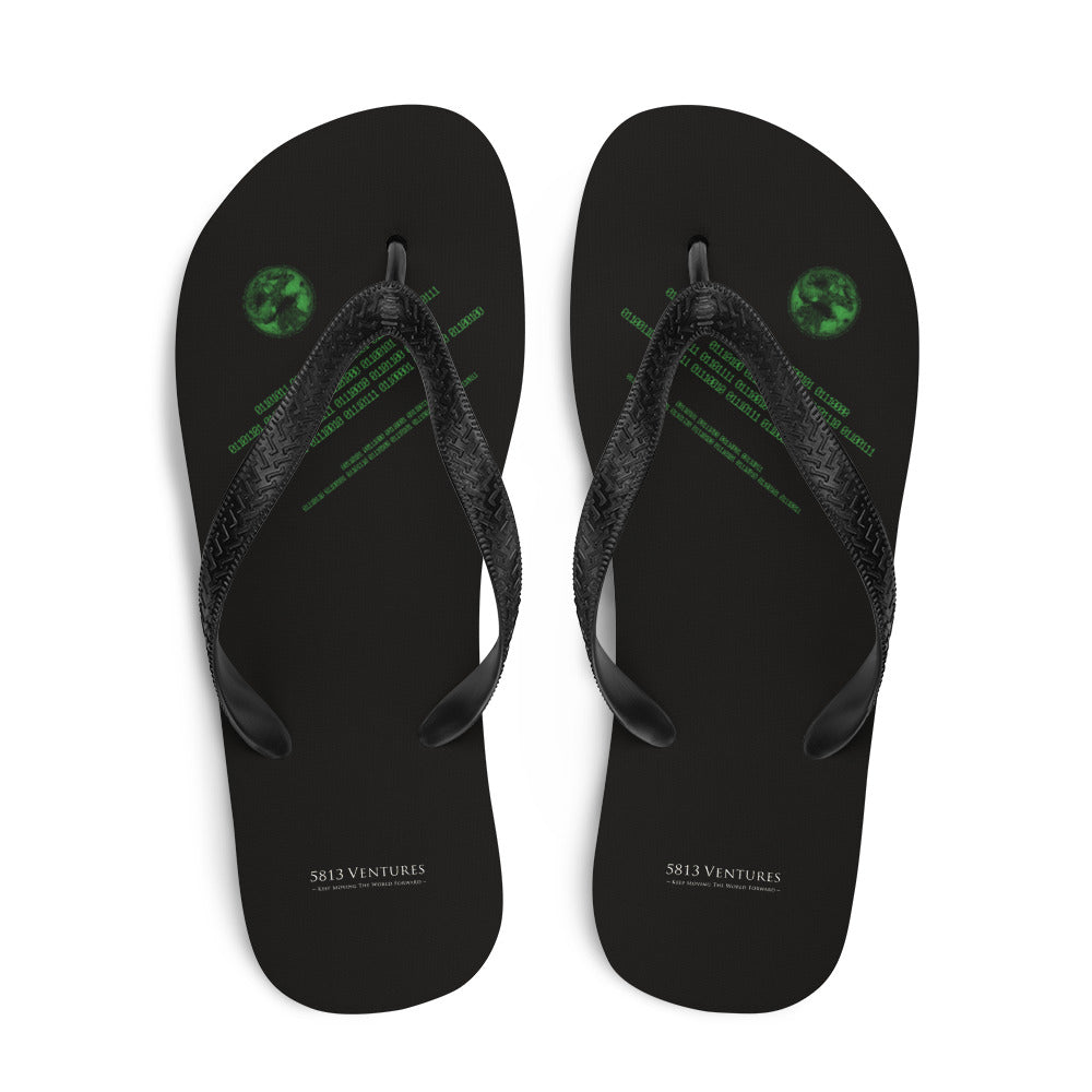 Binary Instructions To Keep Moving The World Forward With Vitruvian Earth In Green on Flip Flops