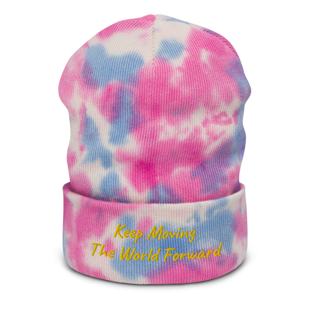 Keep Moving The World Forward In Gold Embroidery on Tie-Dye Beanie