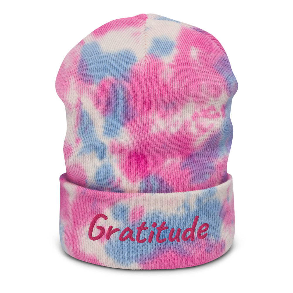 Gratitude In Star Rose Quartz Embroidery on Tie-Dye Beanie