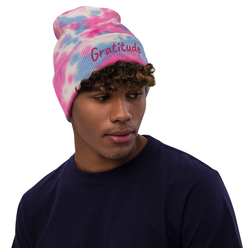 Gratitude In Star Rose Quartz Embroidery on Tie-Dye Beanie