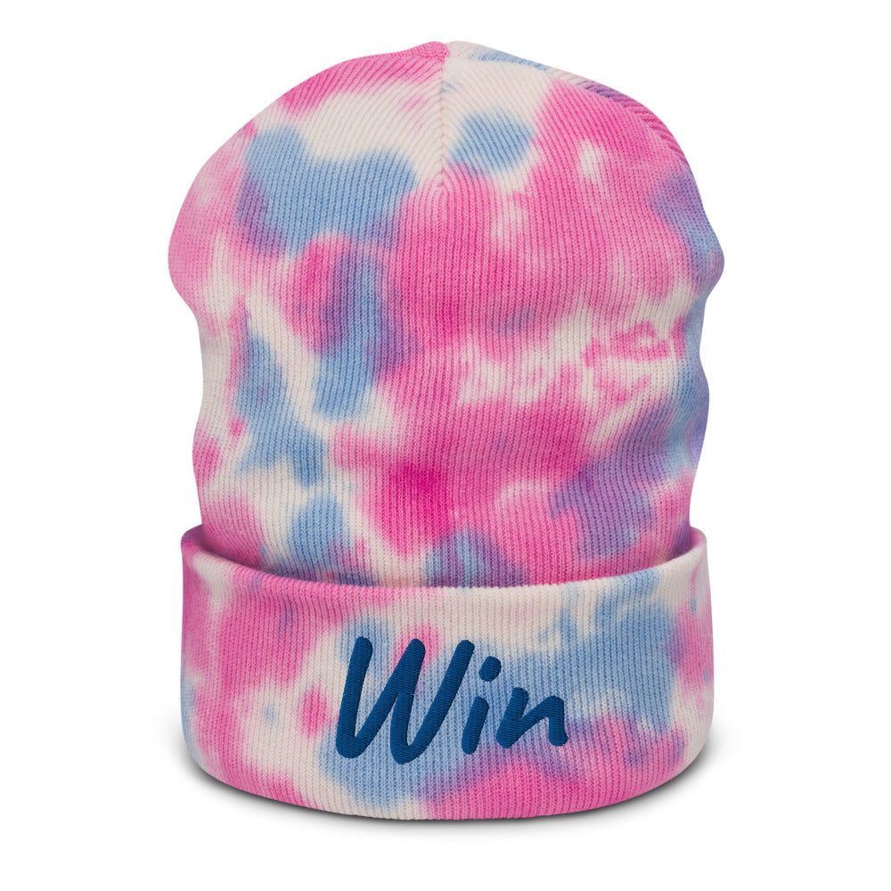 Win In Sapphire Embroidery on Tie-Dye Beanie