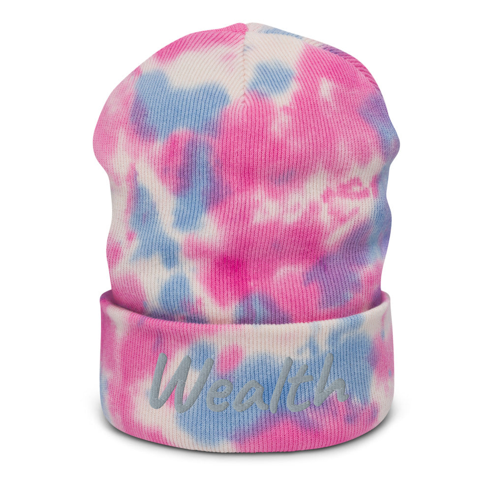 Wealth In Silver Embroidery on Tie-Dye Beanie