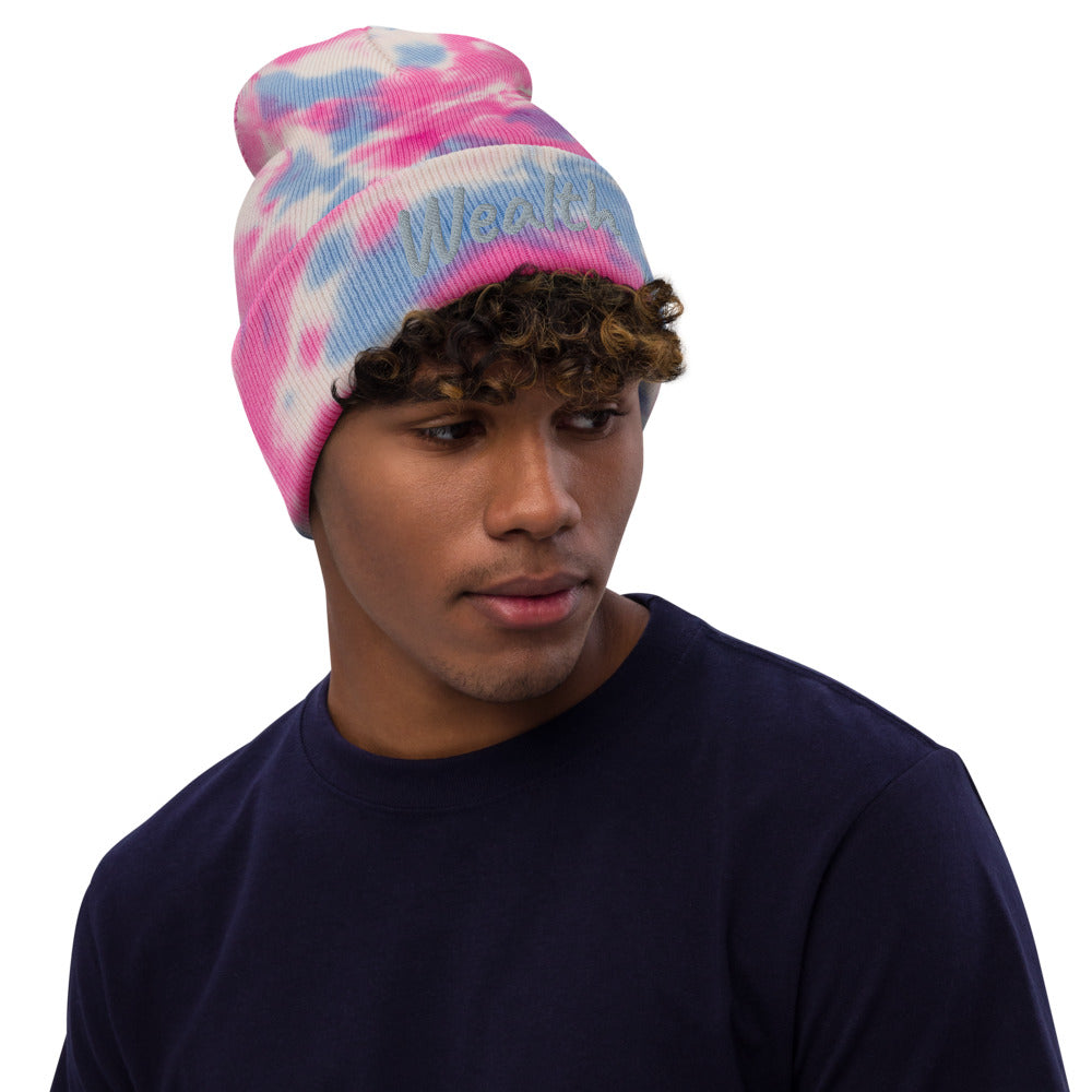 Wealth In Silver Embroidery on Tie-Dye Beanie