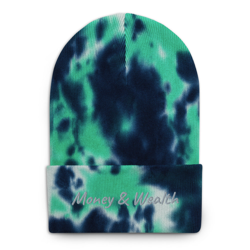 Money & Wealth In Silver Embroidery on Tie-Dye Beanie