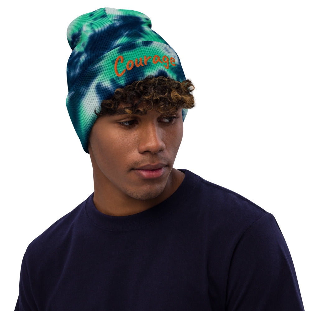 Courage In Amber Embroidery on Tie-Dye Beanie