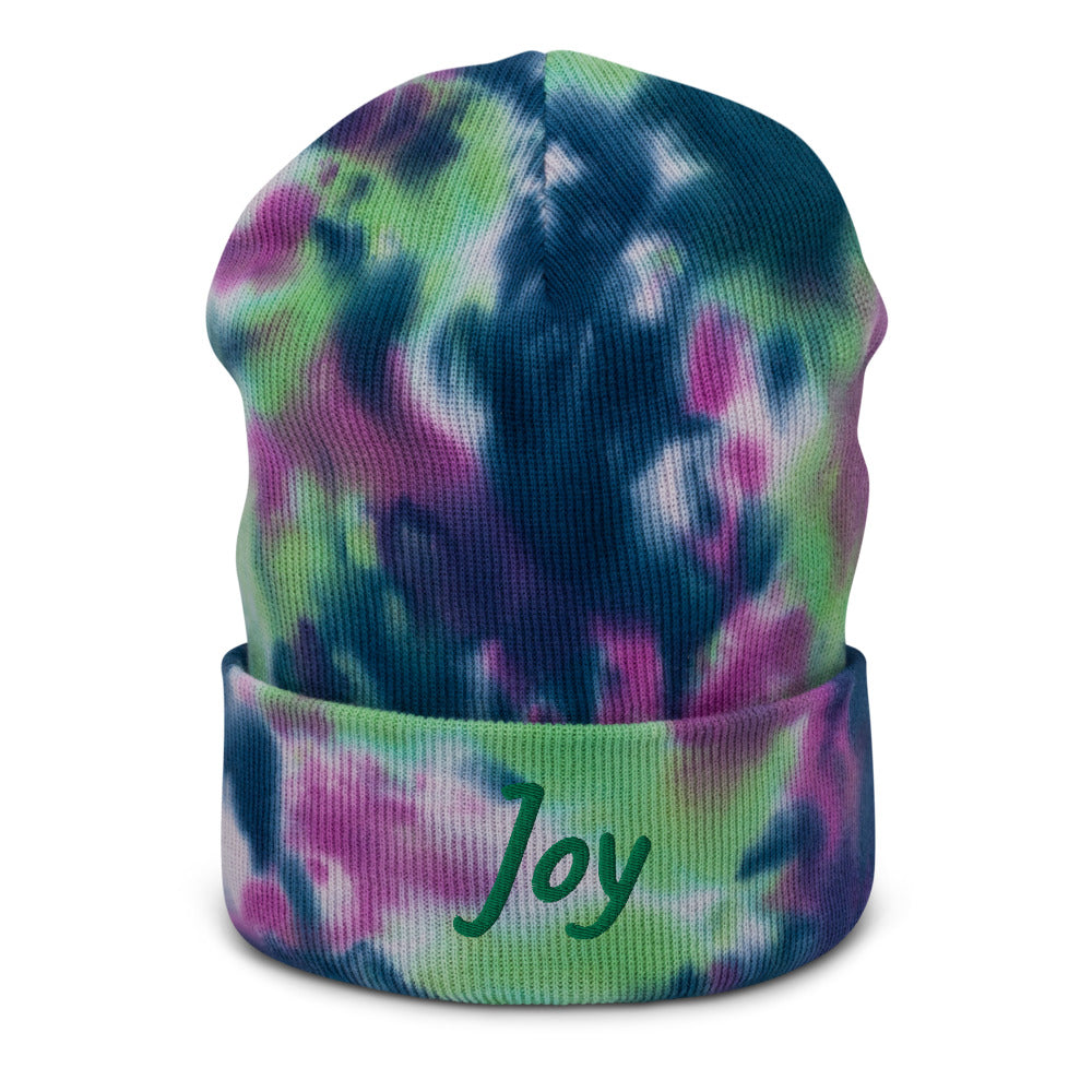 Joy In Emerald Embroidery on Tie-Dye Beanie