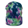 Joy In Emerald Embroidery on Tie-Dye Beanie