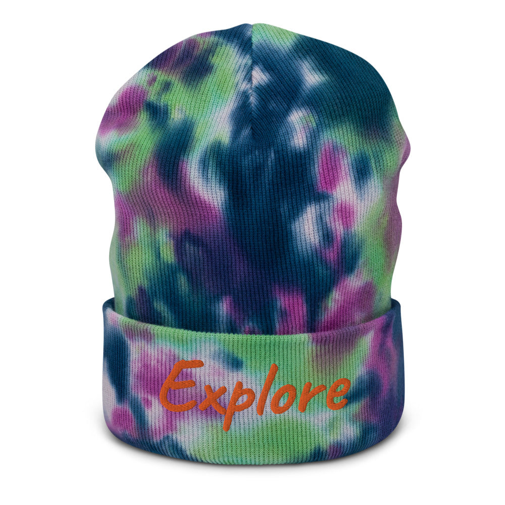 Explore In Amber Embroidery on Tie-Dye Beanie