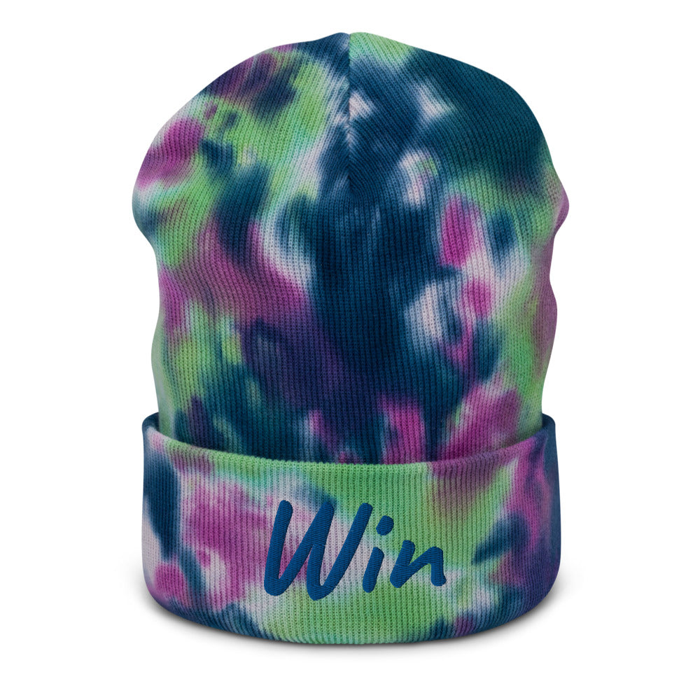 Win In Sapphire Embroidery on Tie-Dye Beanie