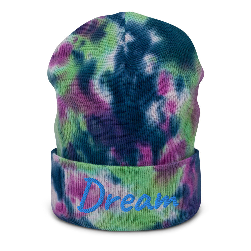 Dream In Sapphire Embroidery on Tie-Dye Beanie