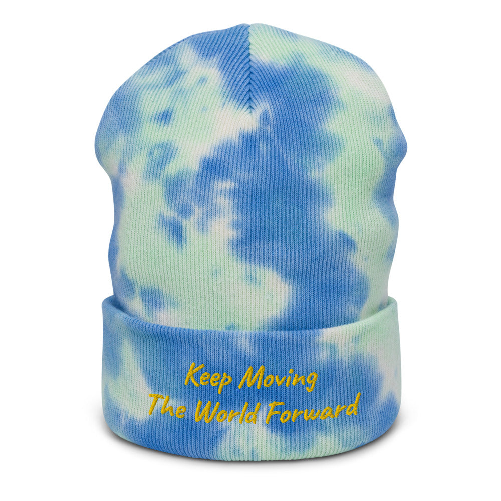 Keep Moving The World Forward In Gold Embroidery on Tie-Dye Beanie