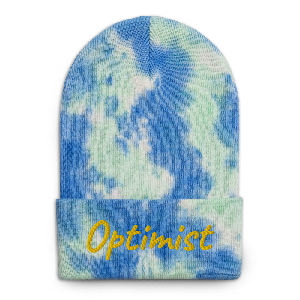 Optimist In Gold Embroidery on Tie-Dye Beanie