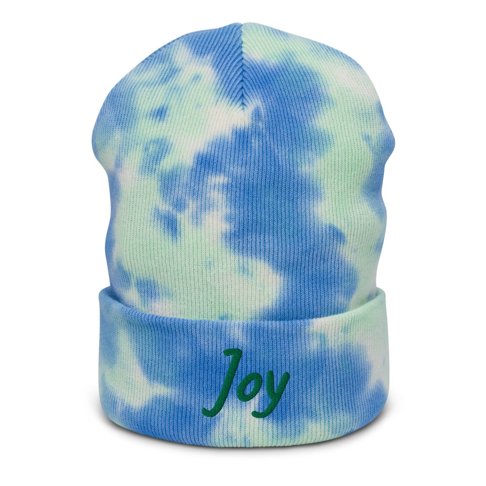 Joy In Emerald Embroidery on Tie-Dye Beanie