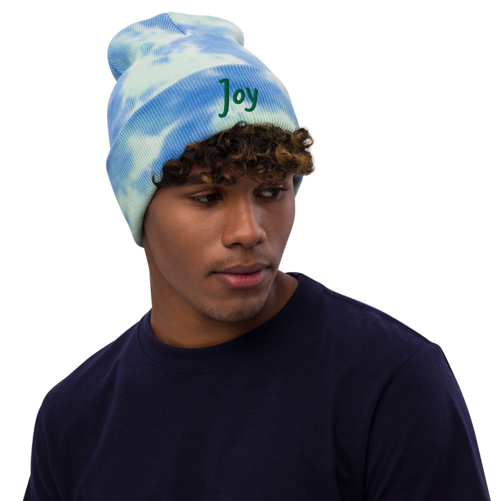 Joy In Emerald Embroidery on Tie-Dye Beanie