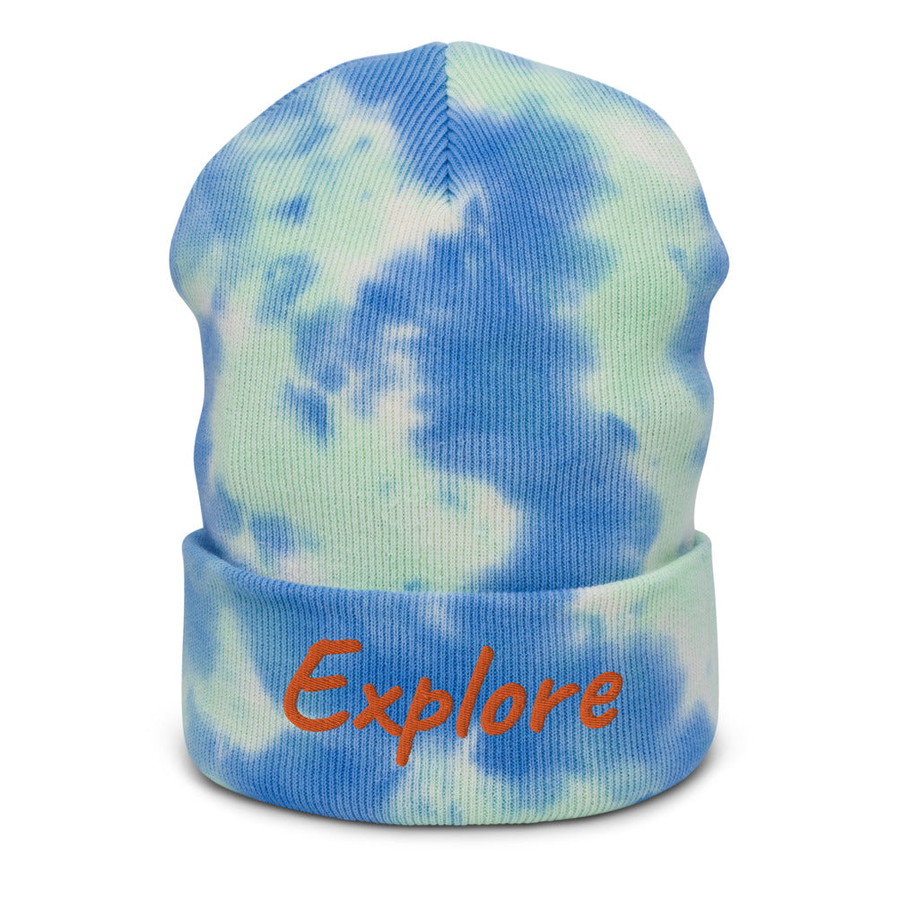 Explore In Amber Embroidery on Tie-Dye Beanie