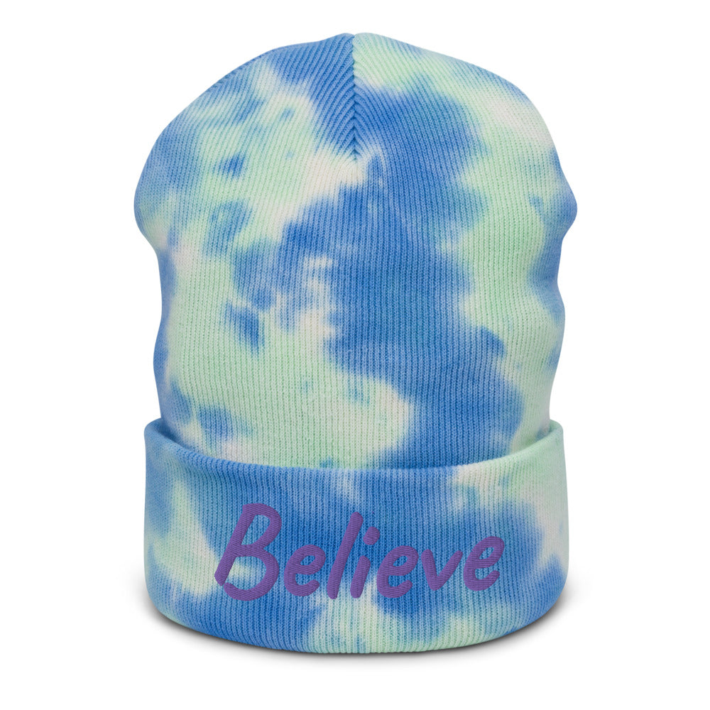 Believe In Amethyst Embroidery on Tie-Dye Beanie