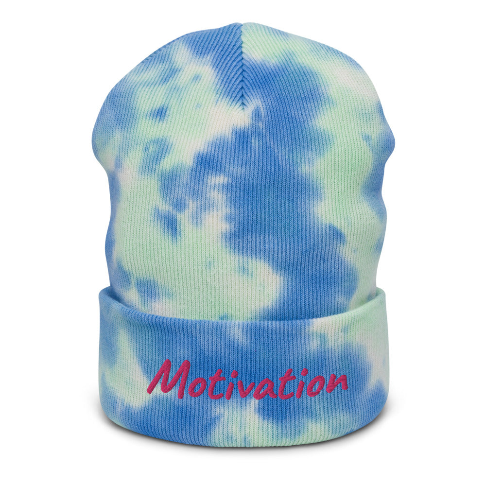 Motivation In Star Rose Quartz Embroidery on Tie-Dye Beanie