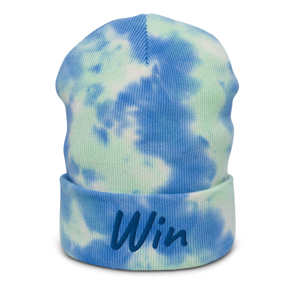 Win In Sapphire Embroidery on Tie-Dye Beanie