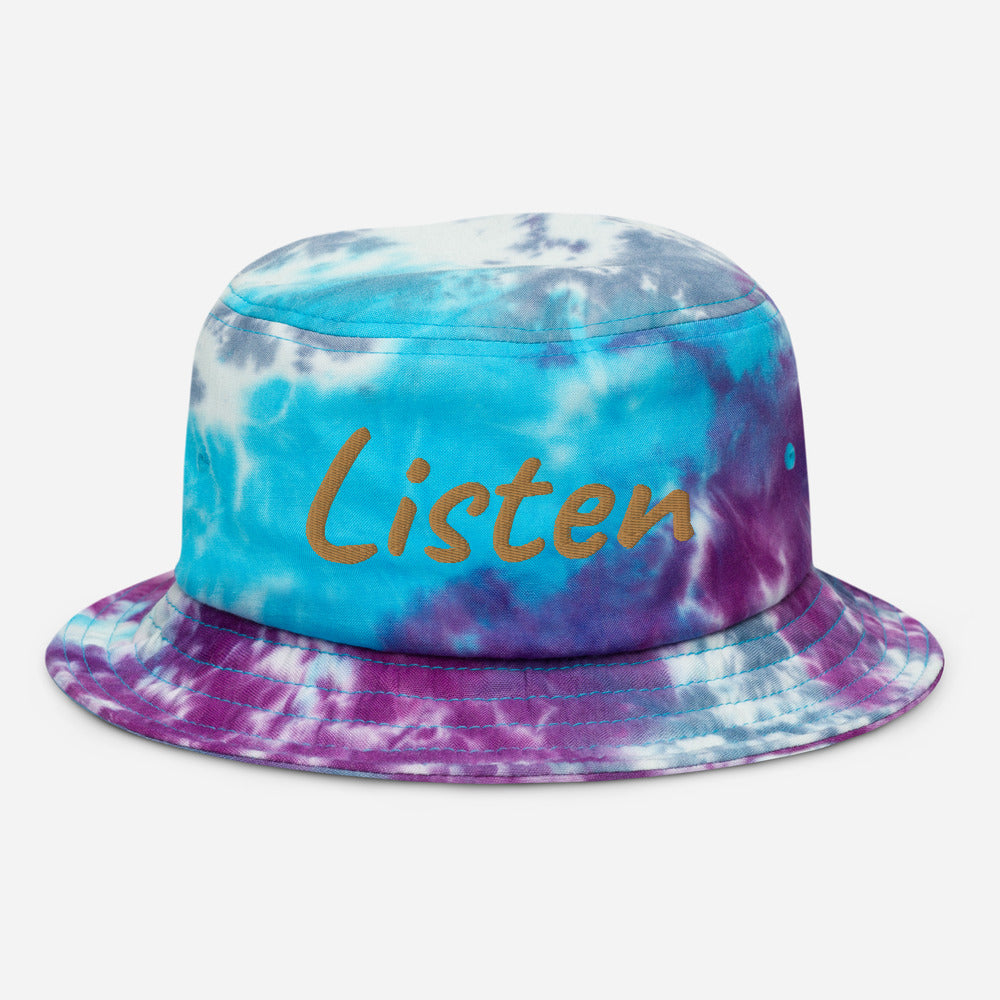 Listen In Copper Embroidery on Tie-Dye Bucket Hat