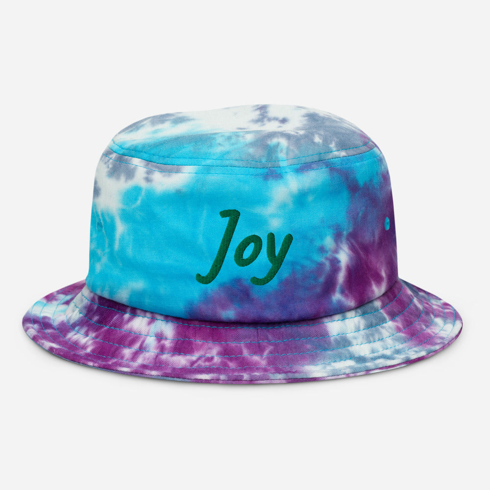 Joy In Emerald Embroidery on Tie-Dye Bucket Hat