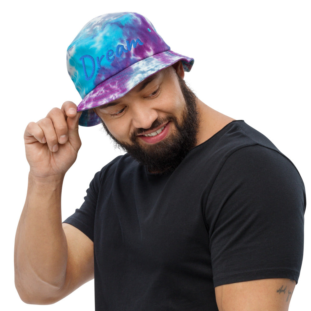 Dream In Sapphire Embroidery on Tie-Dye Bucket Hat